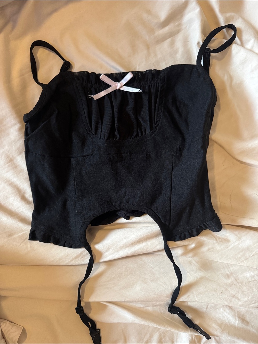 Motel Rocks Black Crop Bustier Top with Pink Bow